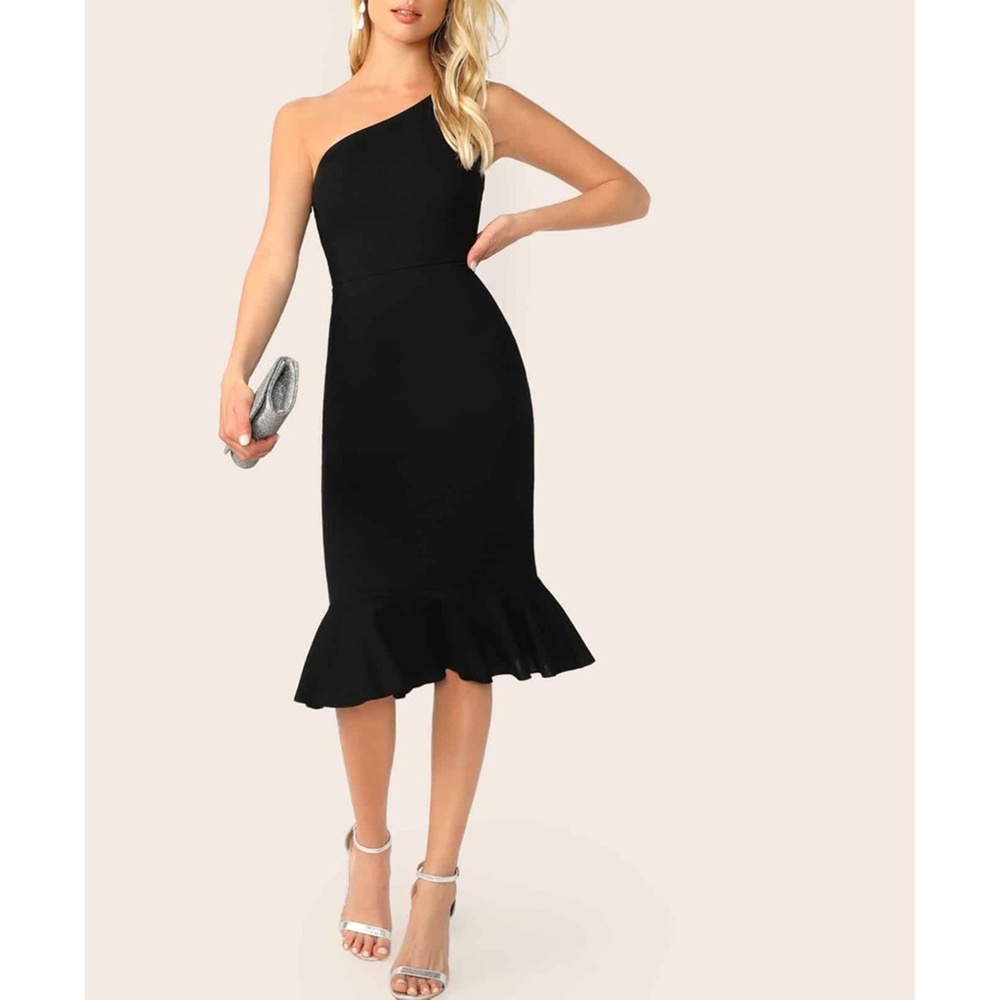 Black One Shoulder Ruffle Hem Bodycon Midi Dress - Picture 2 of 6